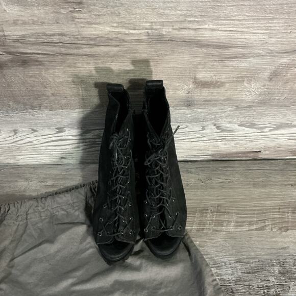 AllSaints Black Suede Lace Up Peep Toe High Heel Boots US 6.5–7 - Picture 4 of 13